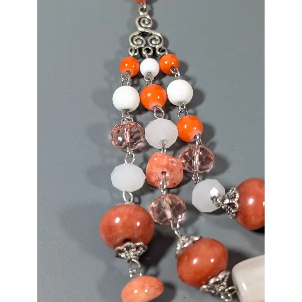 Boho Coastal Chic‎ White Orange Brown Stone Layered Necklace 17